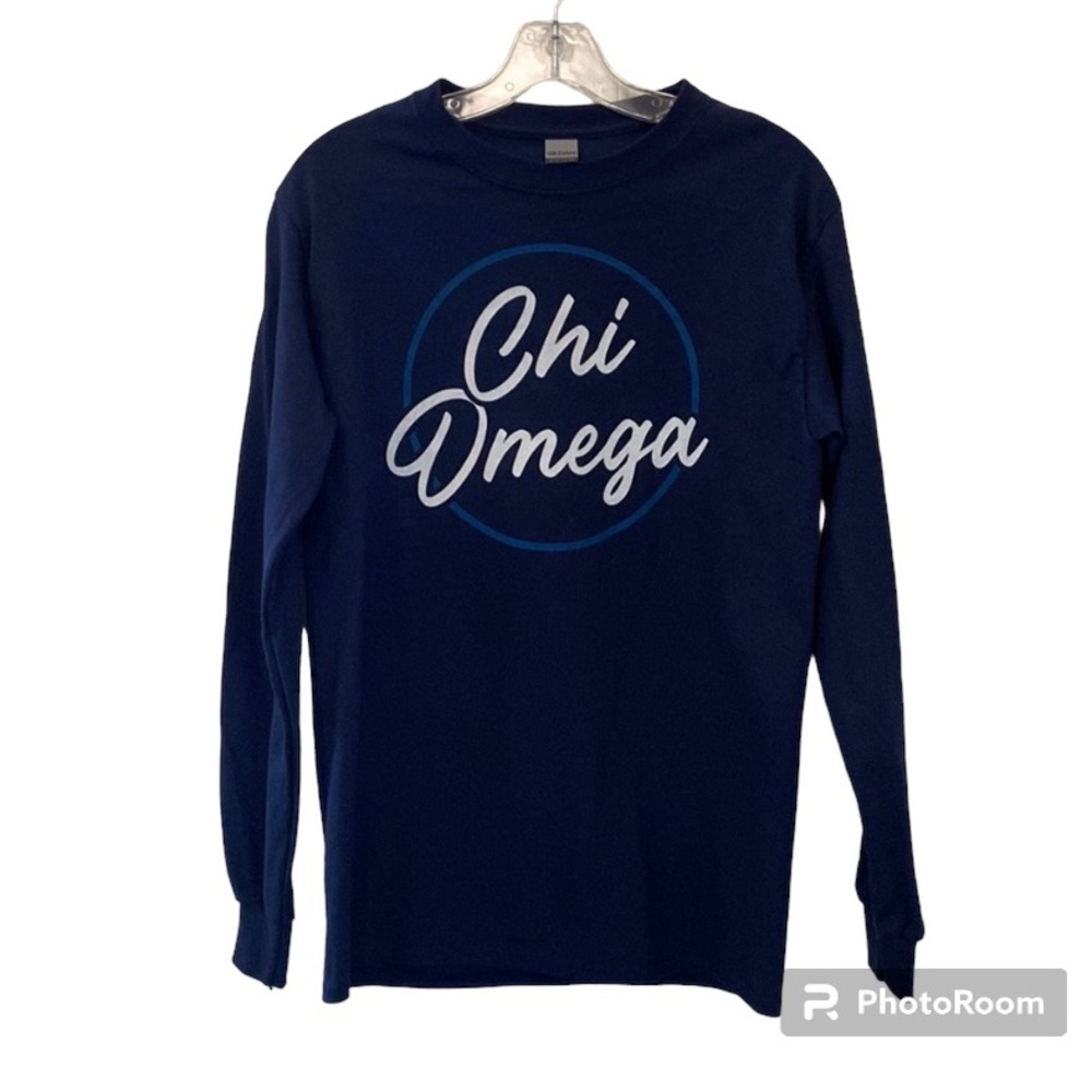 Gildan Navy Blue With Chi Omega Graphic Long Sleeve Crew Neck T-Shirt Si…
